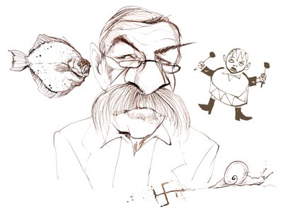 Günter Grass, German novelist, poet, playwright and artist; caricatured with references to his books: The Flounder and From the Diary of a Snail by Neale Osborne